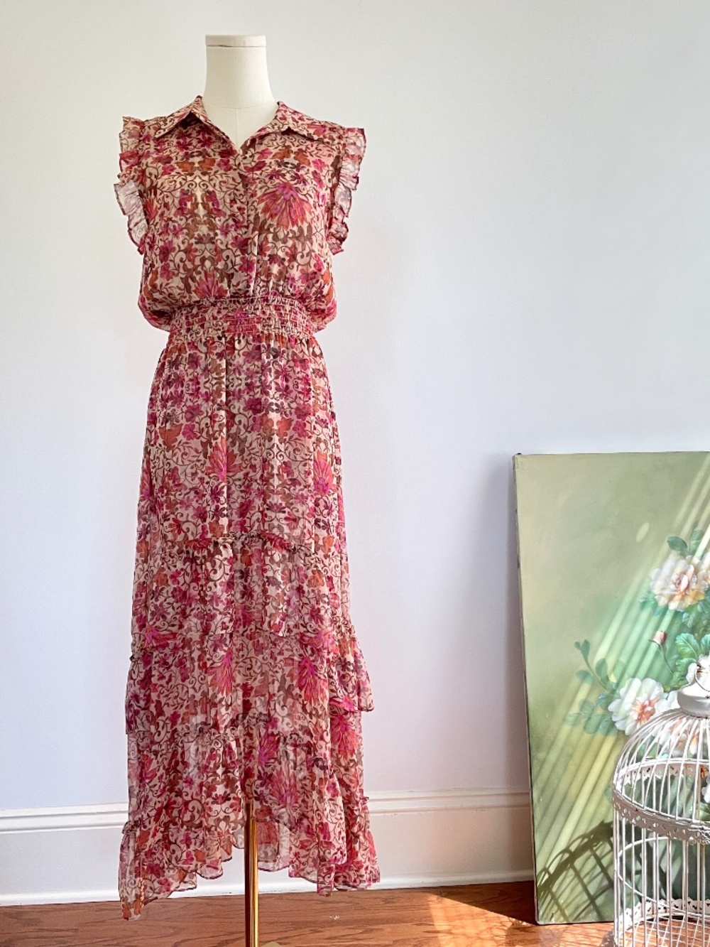 MISA Floral Tiered Maxi Dress S Ruffle Sleeve Boho Cottagecore Resort Whimsical